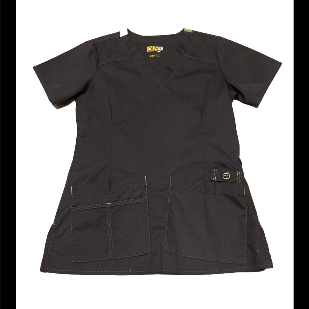 Wonder Flex Scrub Top Dark Gray  w Green Trim V Neck Size XXS